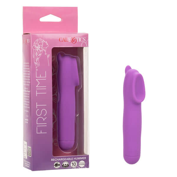 First Time Rechargeable Hummer in purple packaging, featuring ergonomic design and 10 powerful vibration functions.