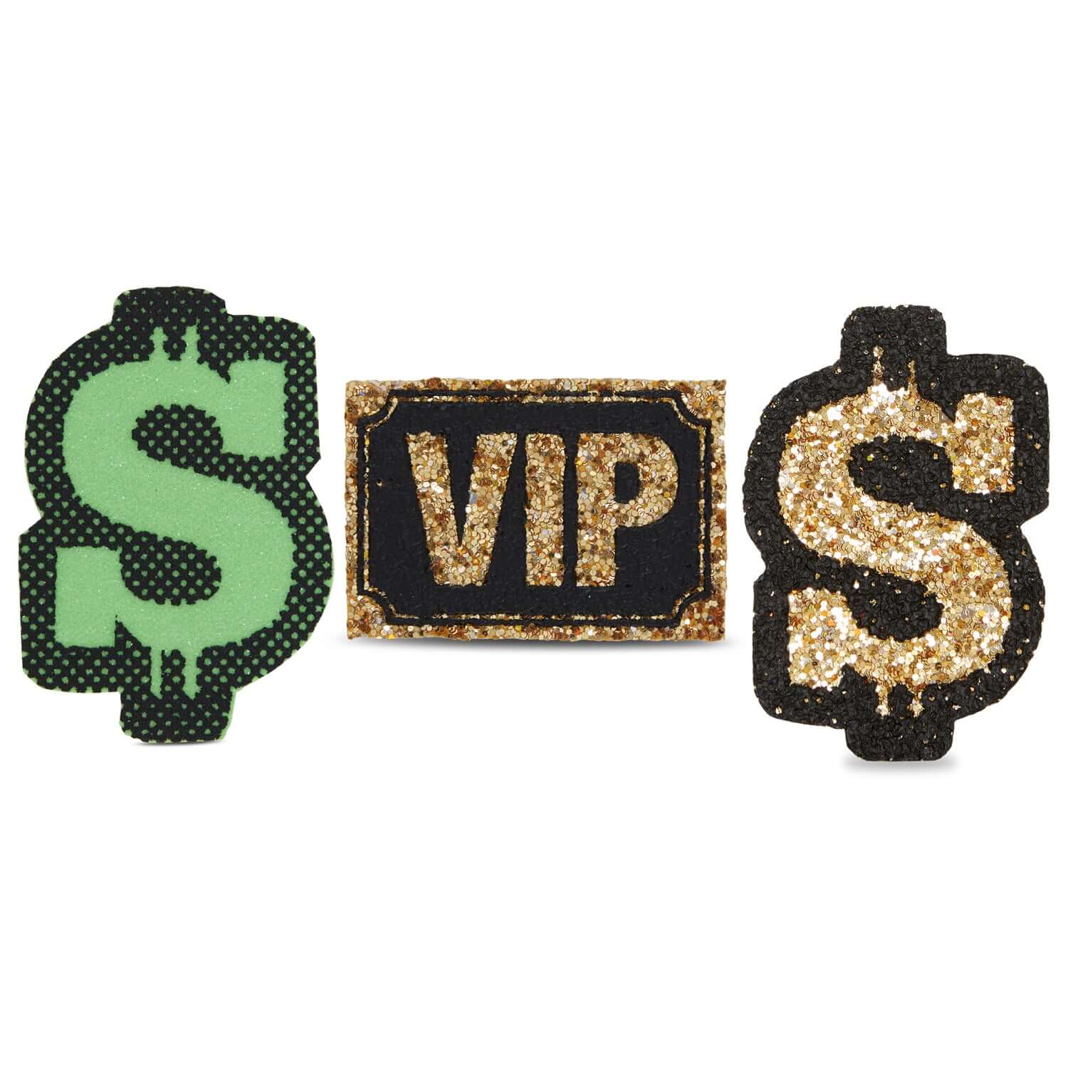 Colorful glittery nipple pasties shaped like dollar signs and a VIP badge for seamless coverage and fun fashion.