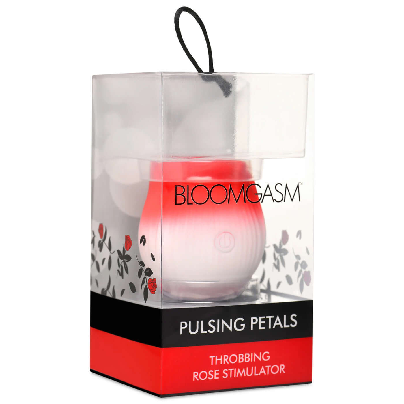 Packaging of Pulsing Petals Throbbing Rose Stimulator - Red, showcasing the silky smooth design for intimate stimulation.