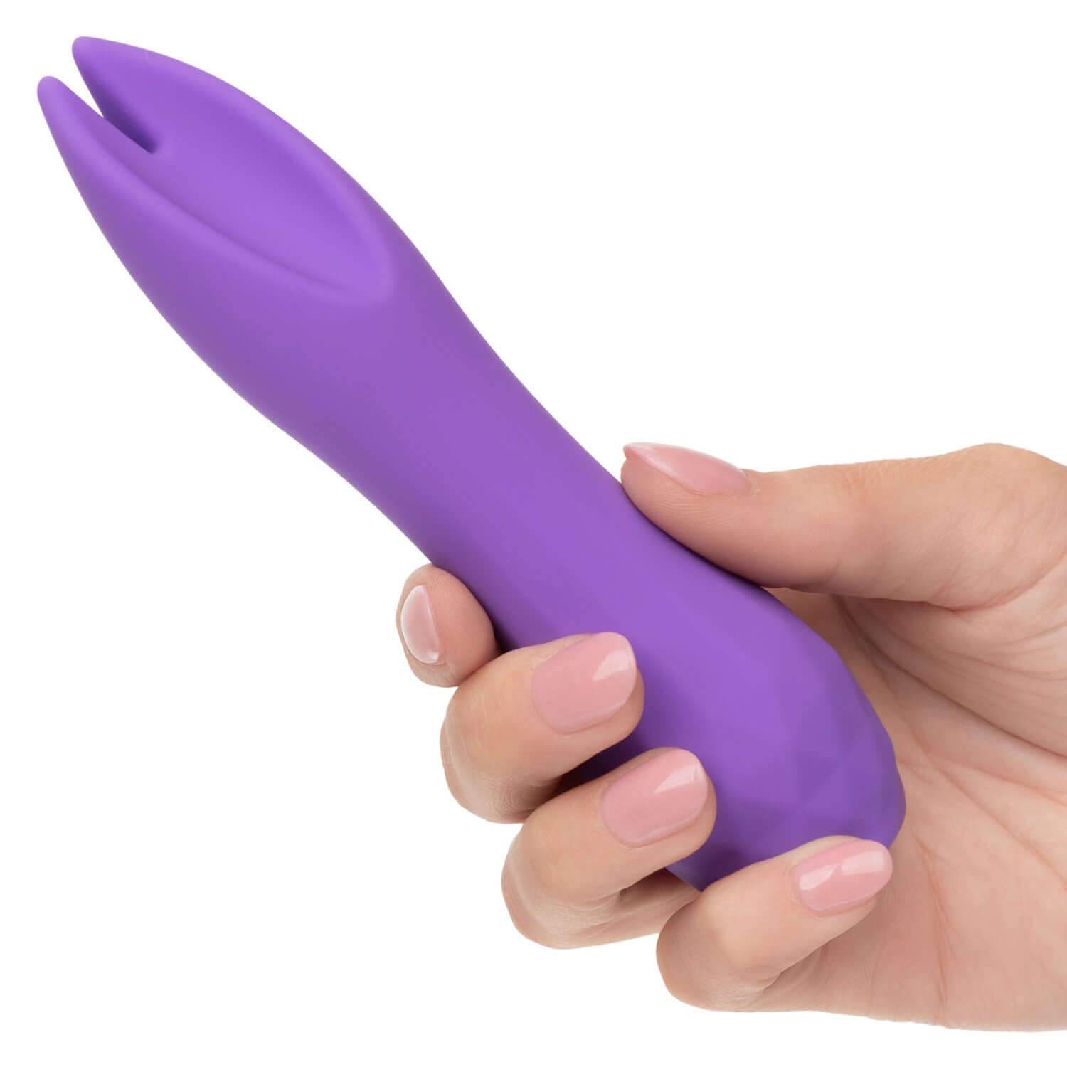 Hand holding purple Gia Dual Flicker Vibrator featuring dual teasers for enhanced stimulation.