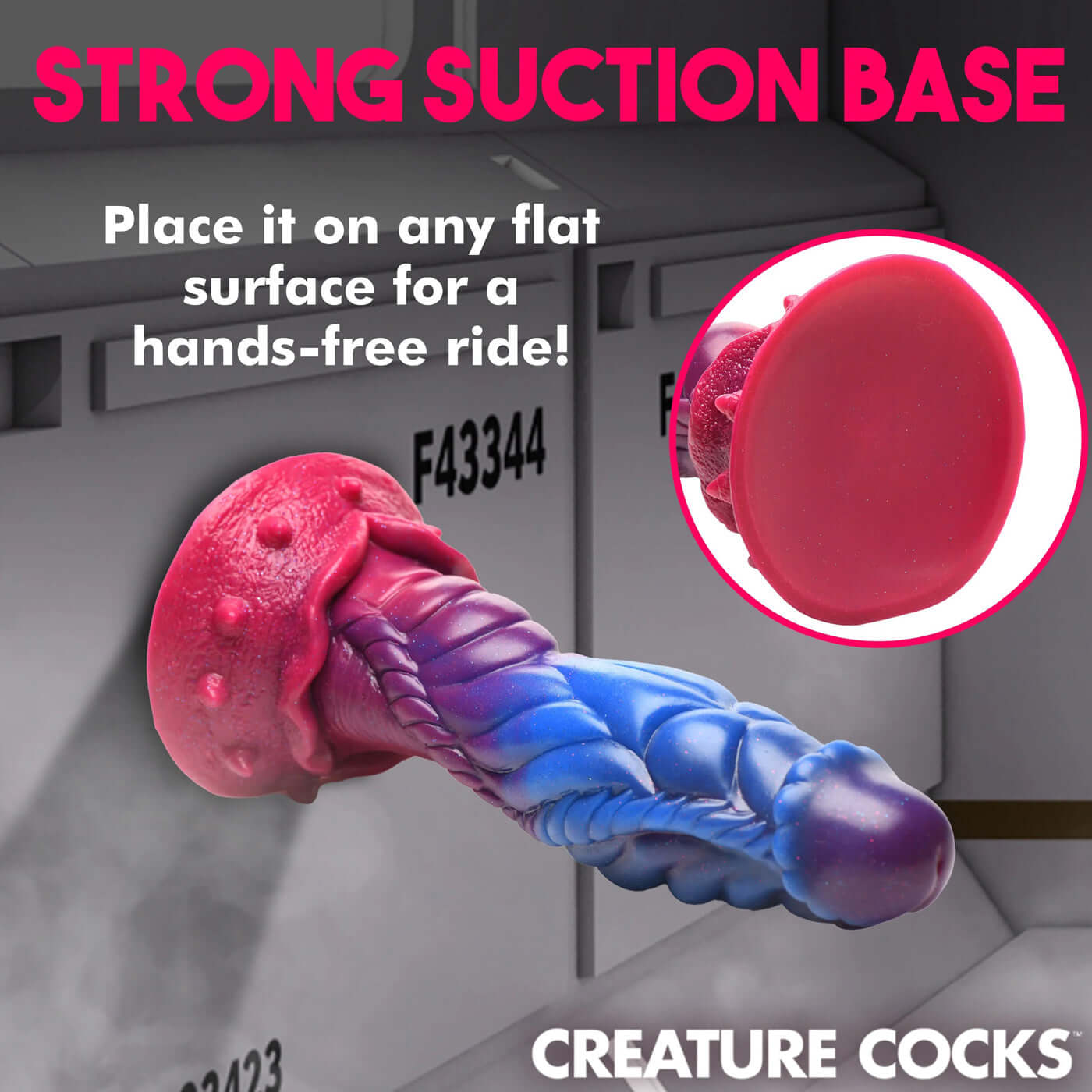 Alien silicone dildo with strong suction base for hands-free use featuring cosmic colors and unique textures.