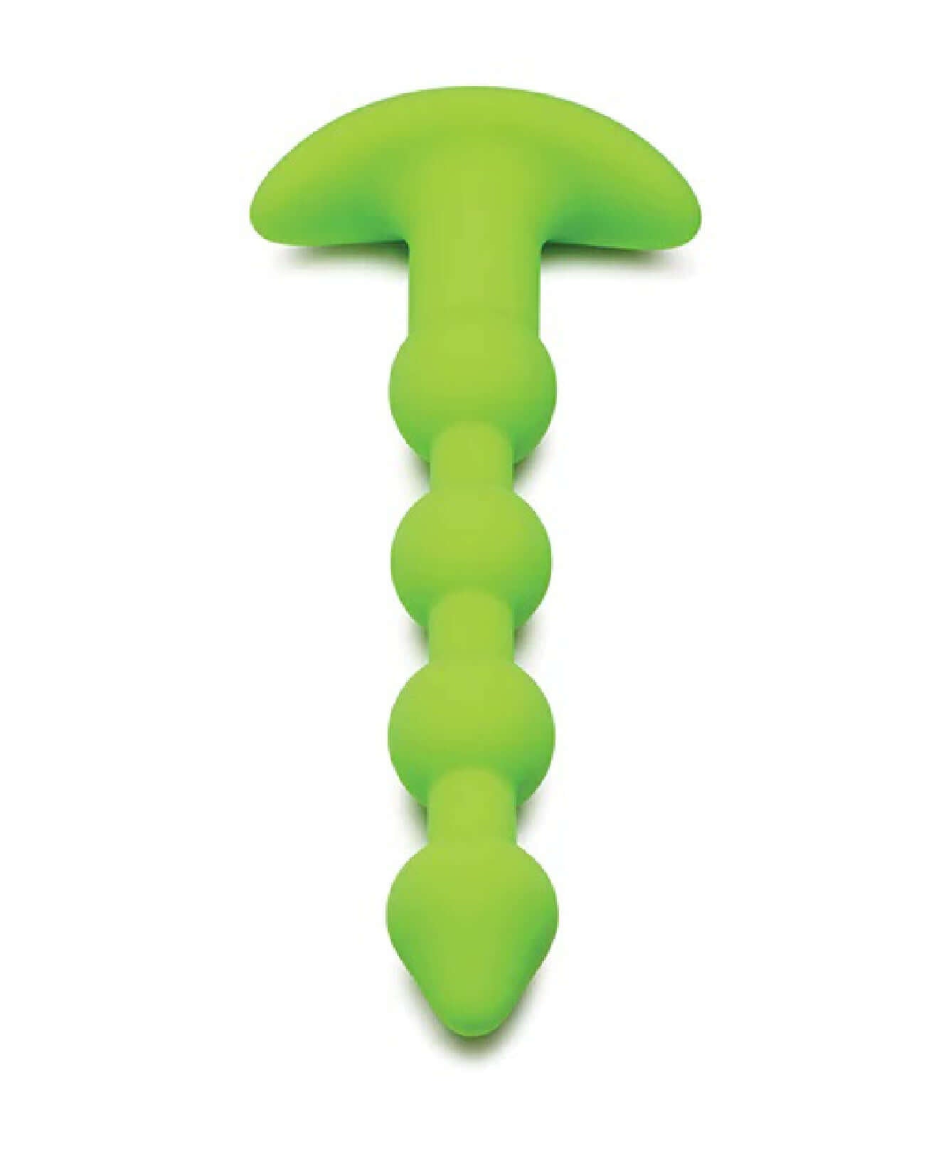 Glow in the dark silicone vibrating green anal beads with multiple rounded segments, ergonomic handle, and a smooth texture.