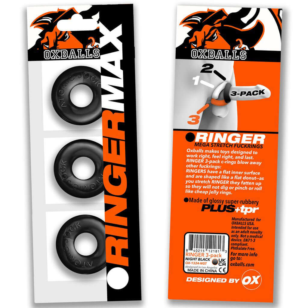 Oxballs Ringer Max 3-Pack Black packaging front and back showcasing thick rubbery-strong rings designed for comfort and grip.