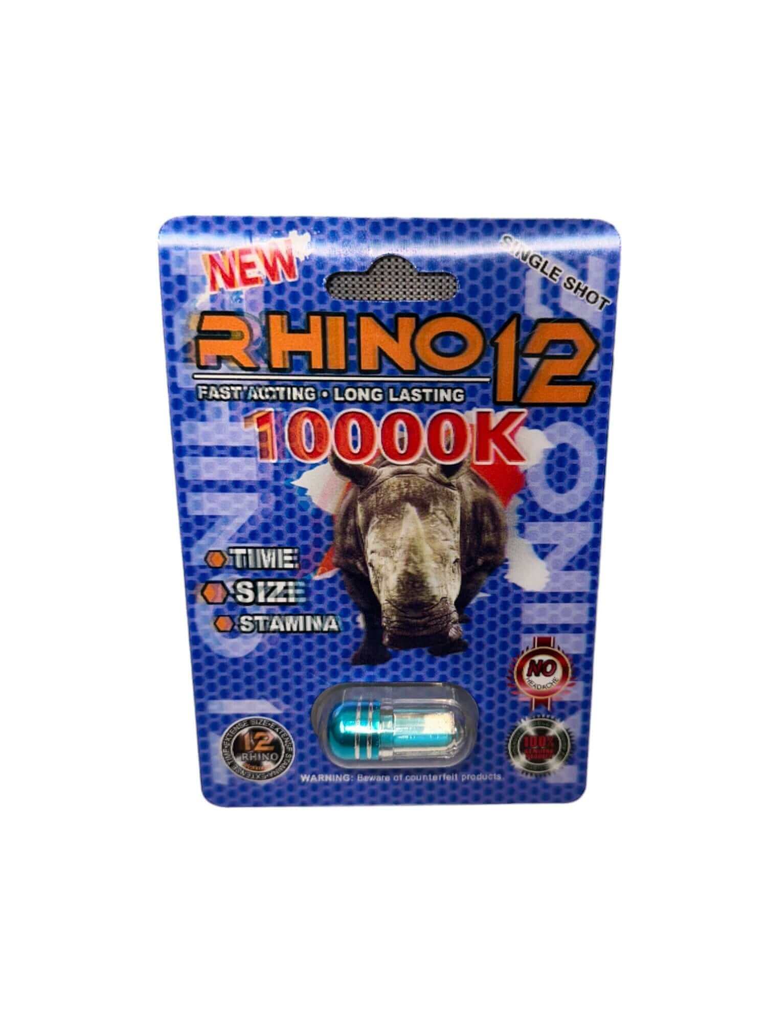 Rhino 12 Male Enhancement 10000K Packaging - Fast Acting, Long Lasting Performance Boost for Time, Size, and Stamina