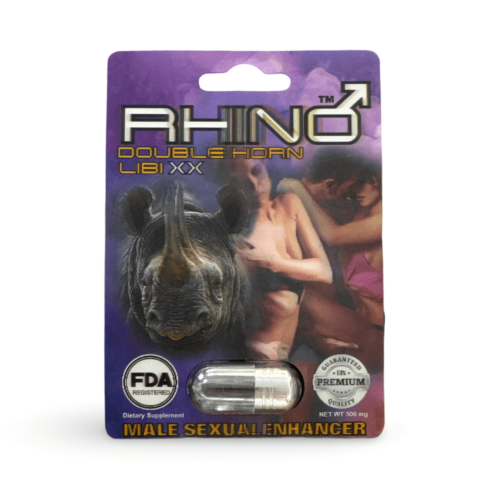 Rhino Double Horn LIBI XX Male Sexual Enhancer packaging with FDA registration and 500mg strength.