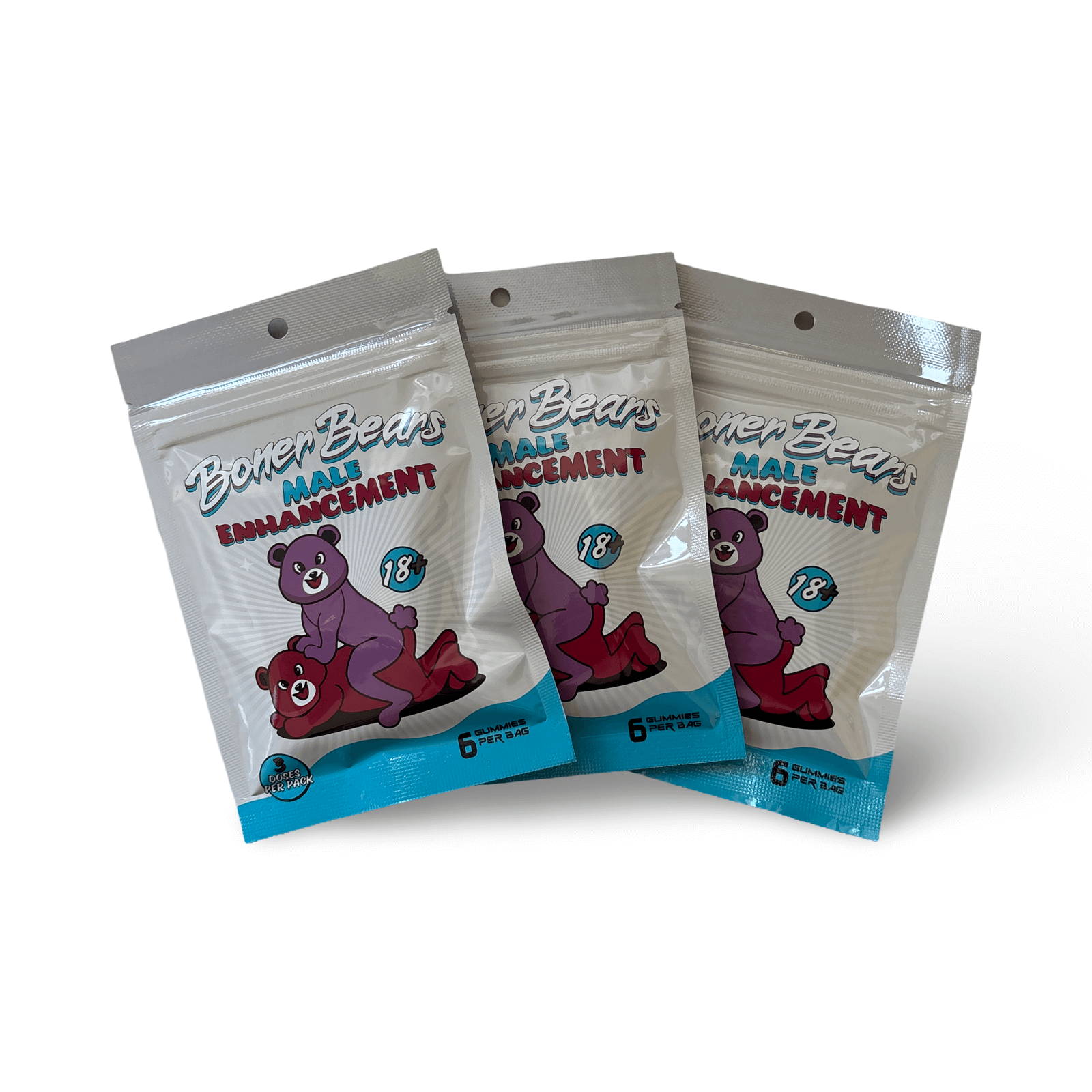 Three packs of Boner Bear Male Enhancement Gummies, each containing 6 pieces, for fast-acting sexual performance boost.