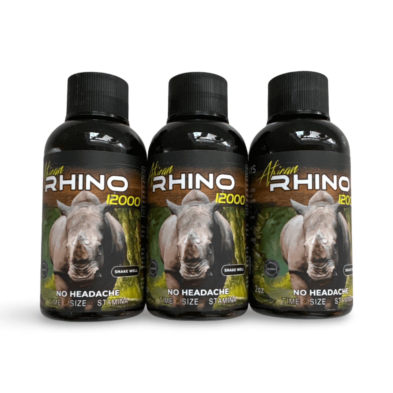 Three bottles of African Rhino Shots 12000 for enhancing time, size, and stamina displayed against a white background.