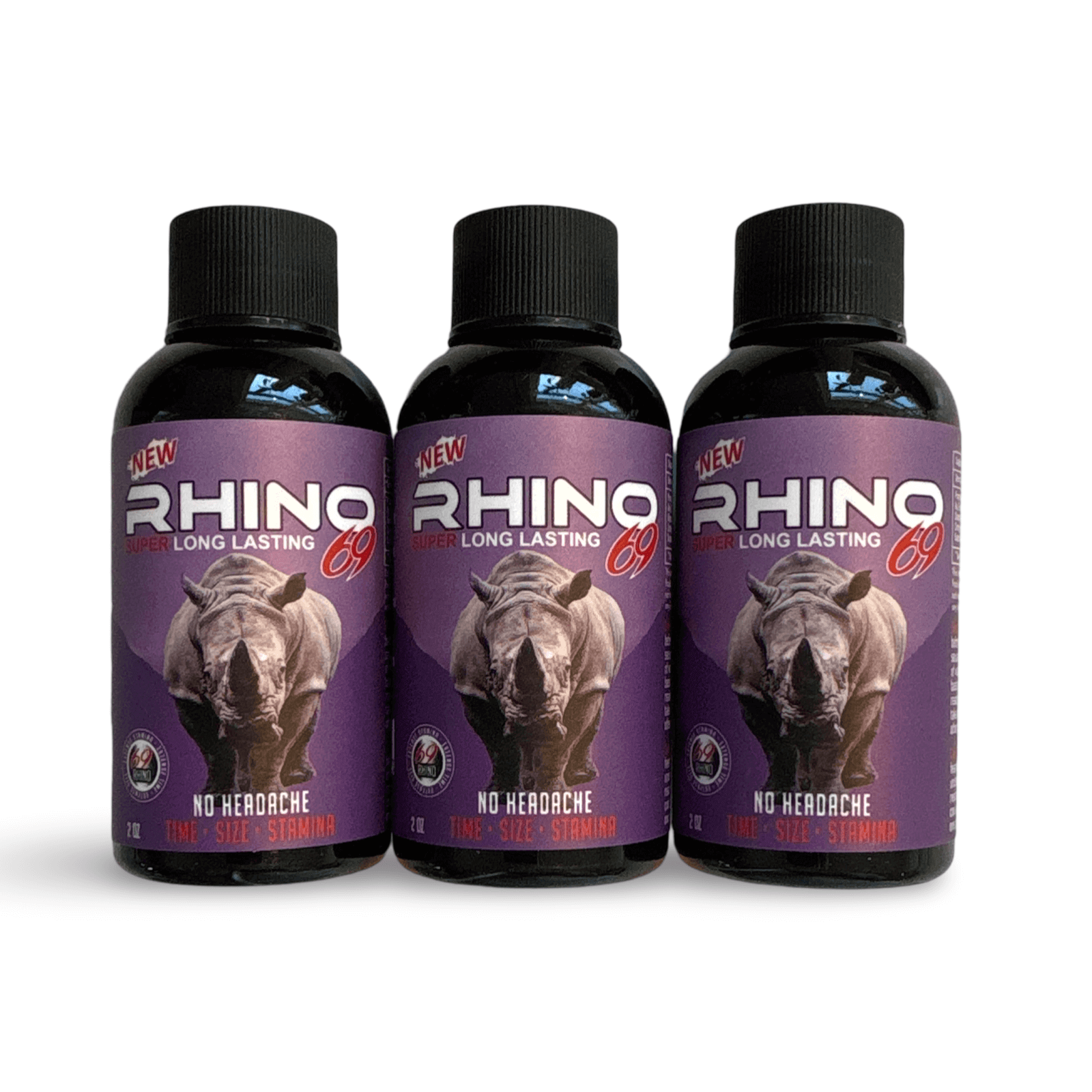 Rhino 69 Super Long-Lasting Power Shot 3-pack bottles for enhanced stamina and energy boost.