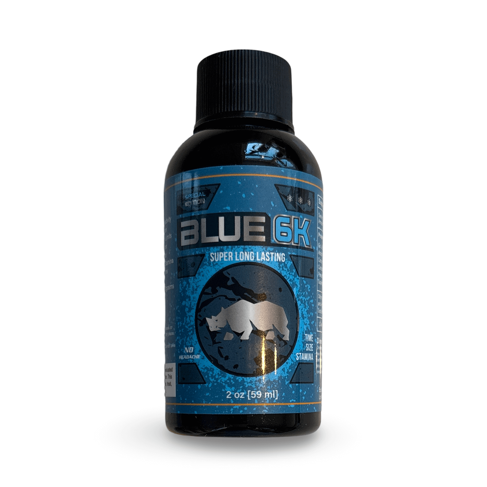 Rhino Blue 6K Liquid Shot 2 Oz Bottle for Male Enhancement with fast results and libido boost.