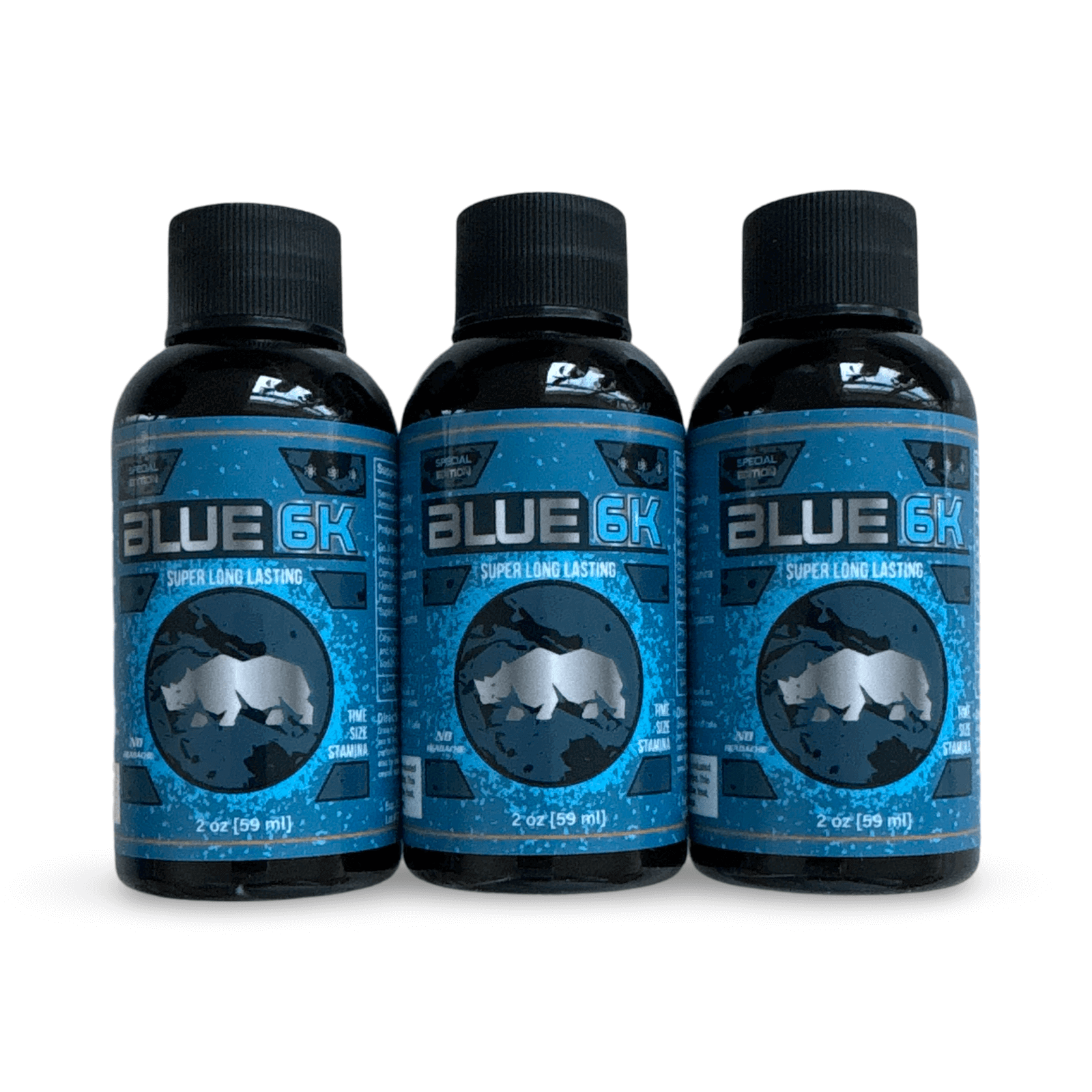 Rhino Blue 6K Liquid Shots 3-pack, male enhancement supplement for libido boost and testosterone support.