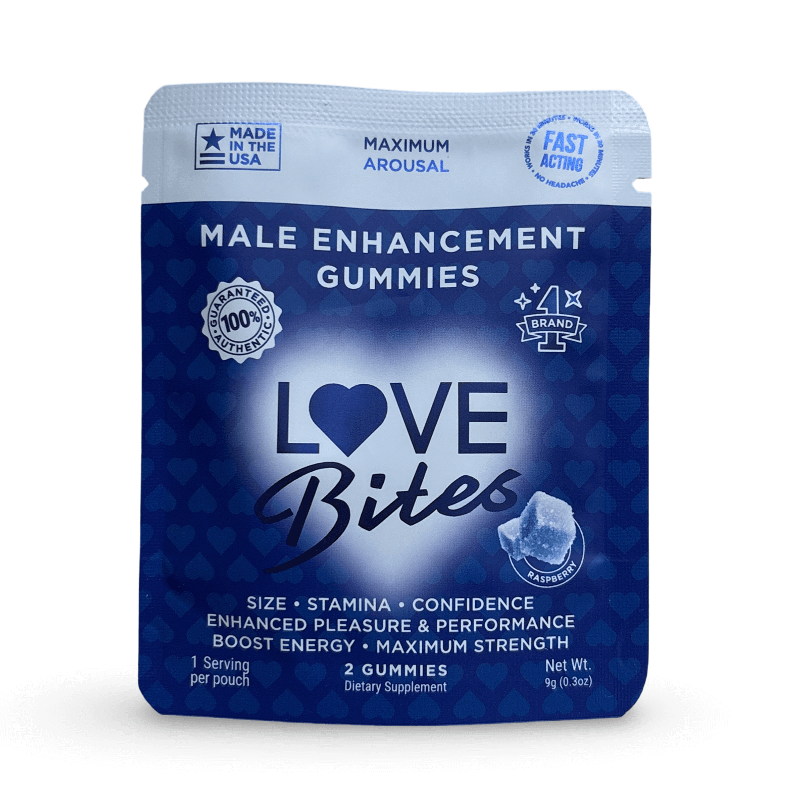 Love Bites Male Enhancement Gummies packet, boost confidence and stamina, natural ingredients, maximum arousal, USA made