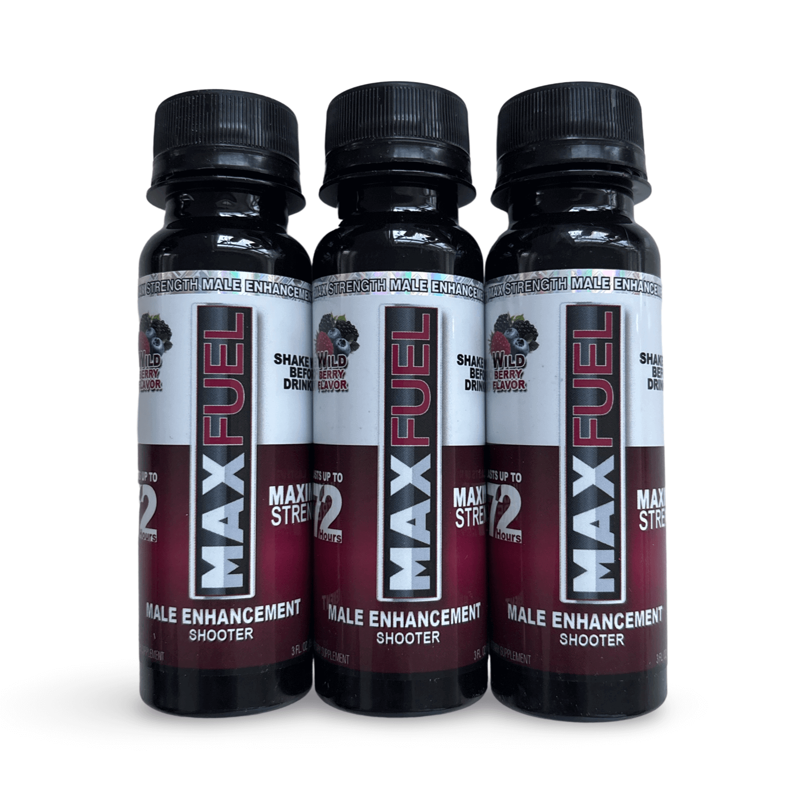 MaxFuel Wild Berry Male Enhancement Shooter 3-pack improves stamina and performance with natural ingredients.