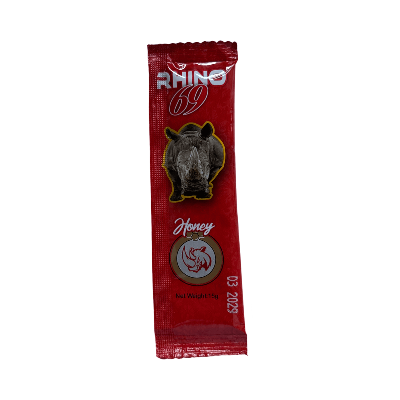 Rhino 69 Honey Red sachet for male enhancement and improved arousal, featuring a bold rhino design on packaging.