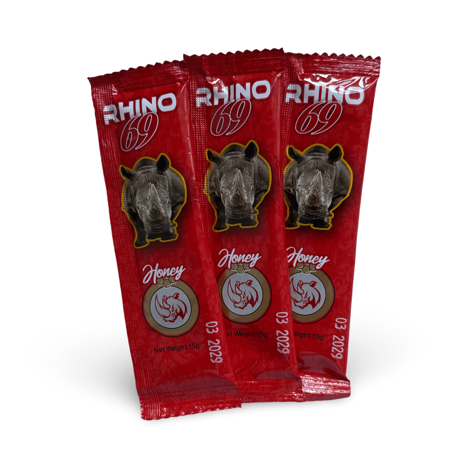 Rhino 69 Honey Red packets for male enhancement, powerful and fast-acting honey blend designed to boost libido and performance.