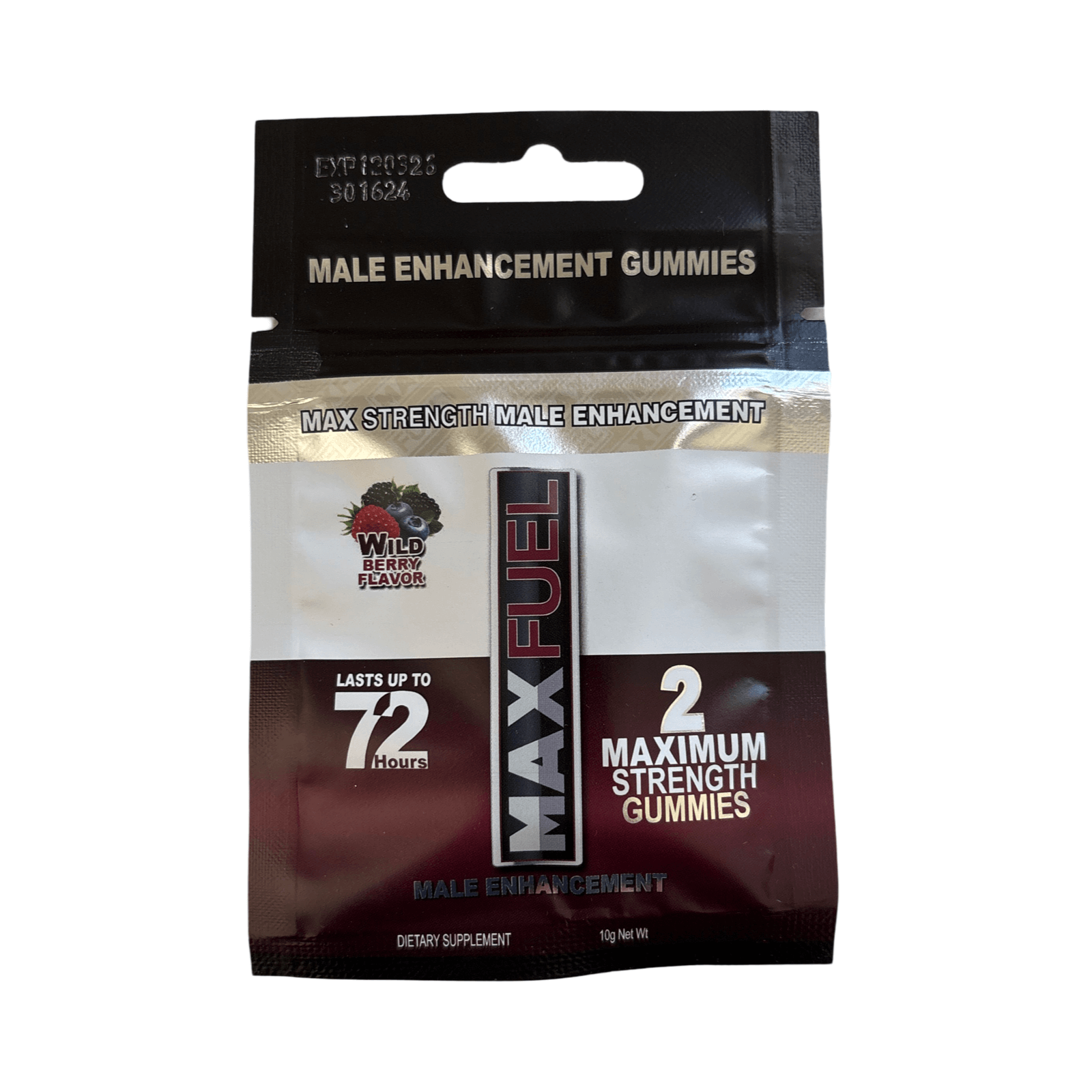 MaxFuel Wild Berry Flavor Male Enhancement Gummies packaging, showcasing 2 maximum strength gummies for enhanced performance.