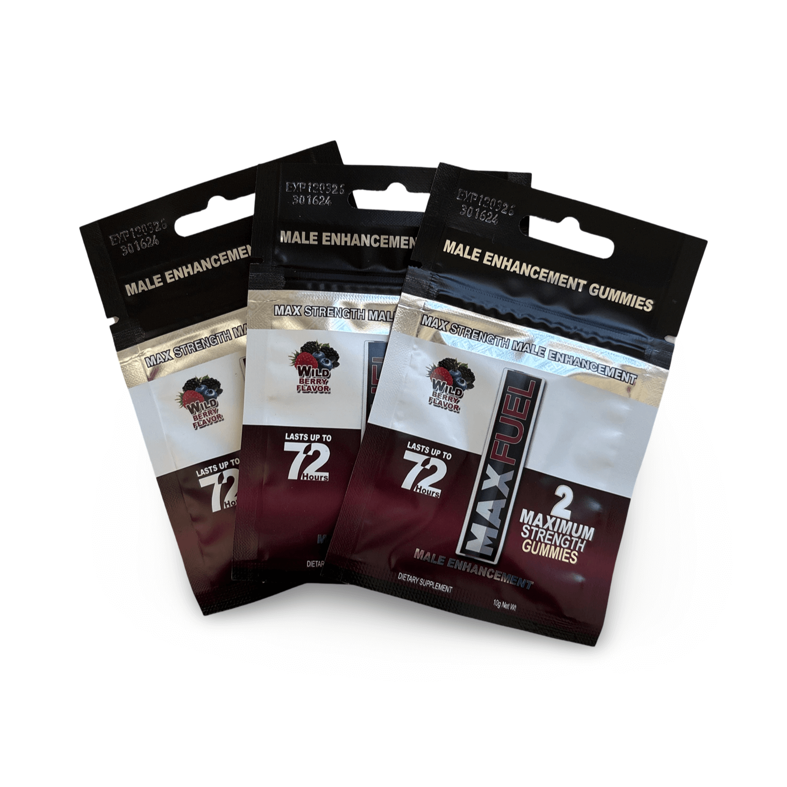 MaxFuel Wild Berry Male Enhancement Gummies packaging, featuring three pouches with performance benefits and dosage information.