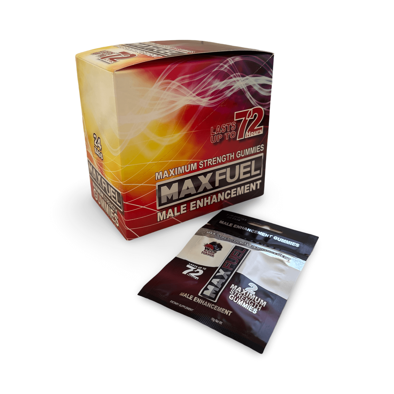 MaxFuel Wild Berry Flavor Male Enhancement gummies packaging with 24 count box and individual gummy pouch.