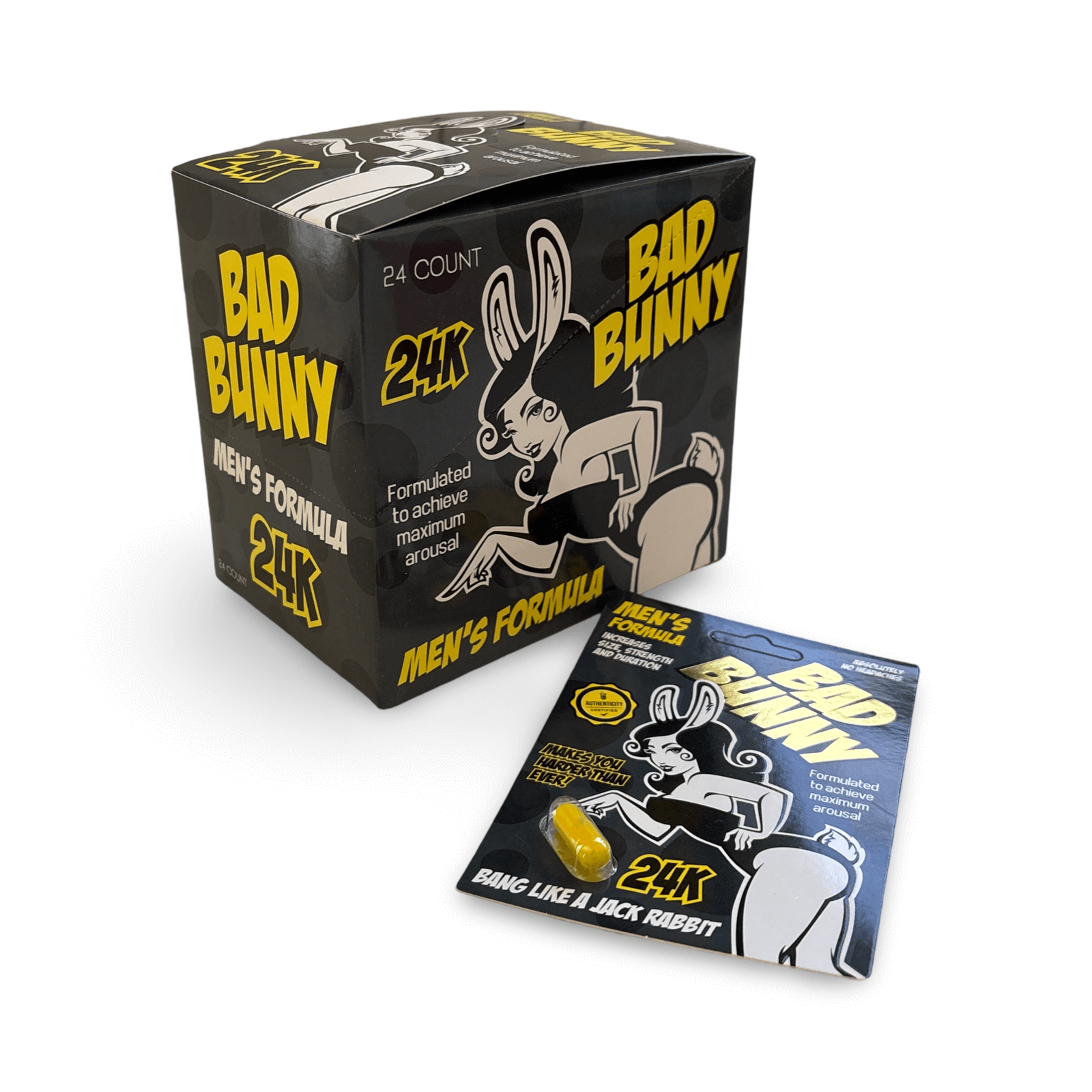 Bad Bunny Male Enhancement 24 pc display box with a supplement packet, designed for enhanced sexual performance and stamina.