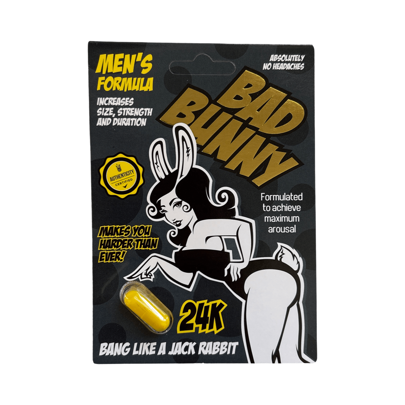 Bad Bunny Male Enhancement pills packaging showcasing men's formula for size, strength, and maximum arousal.