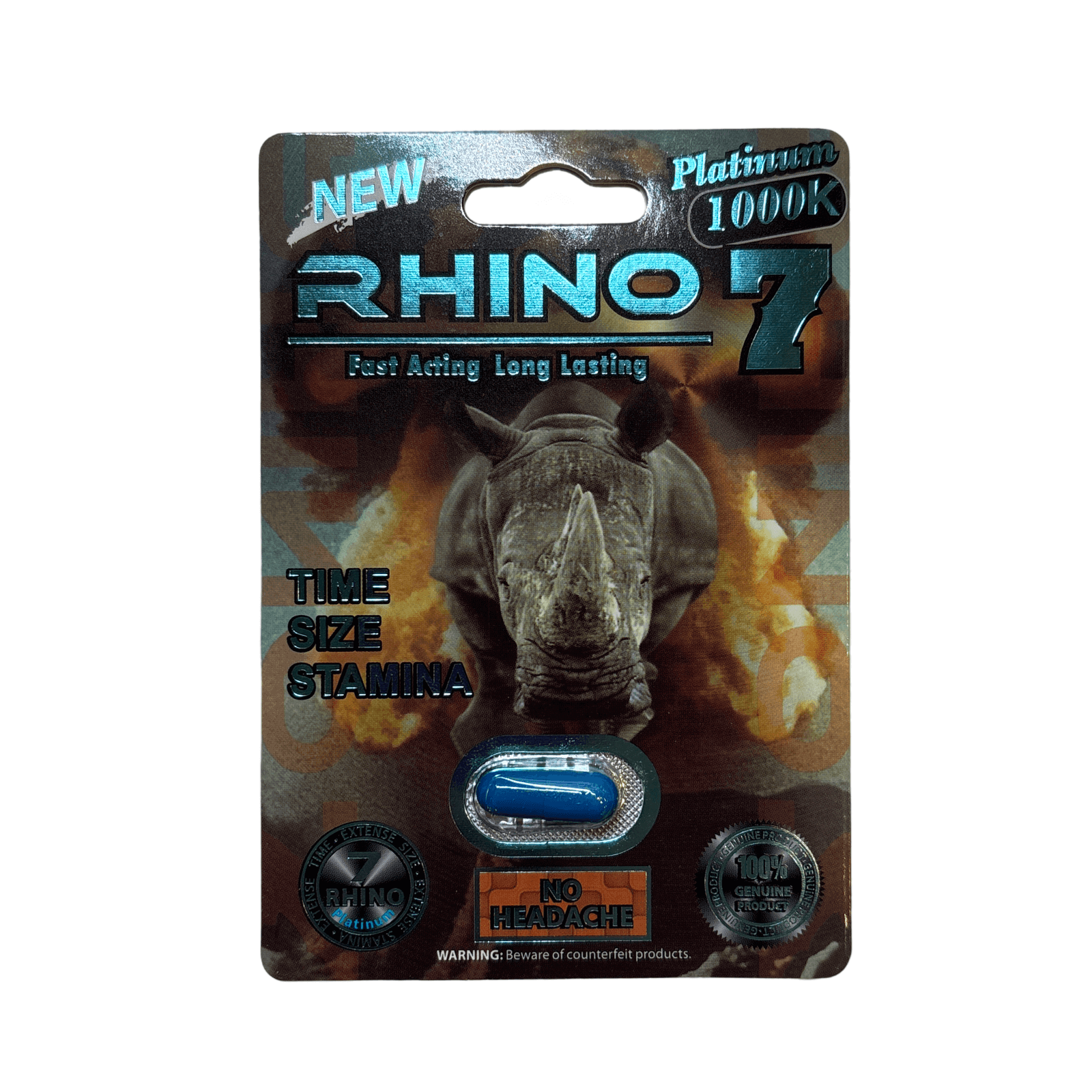 Rhino 7 Platinum 1000K Male Enhancement capsules package featuring fast-acting, long-lasting stamina, size, and time benefits.