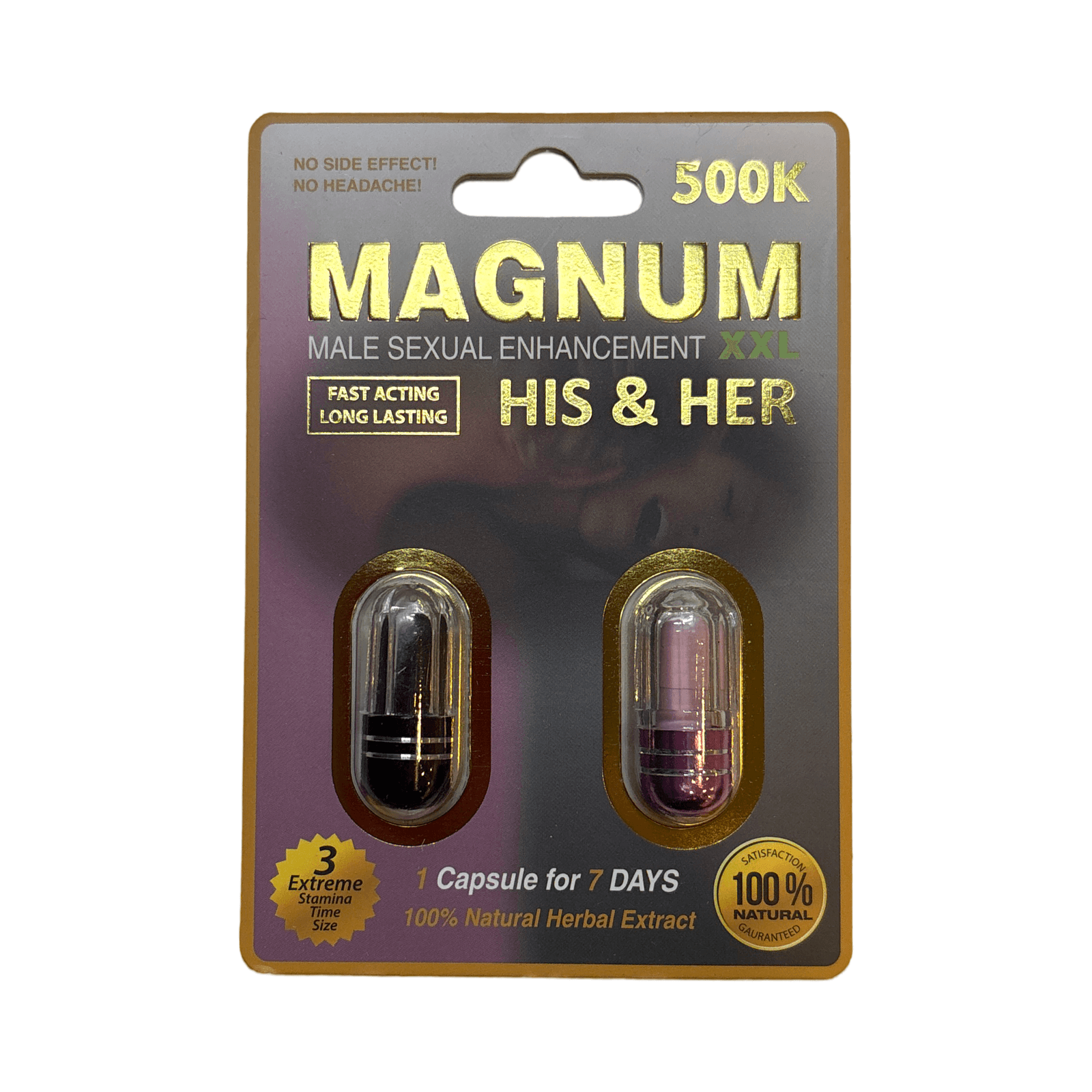 Magnum Male Sexual Enhancement XXL His & Her capsules packaging, showcasing 100% natural herbal extract benefits.