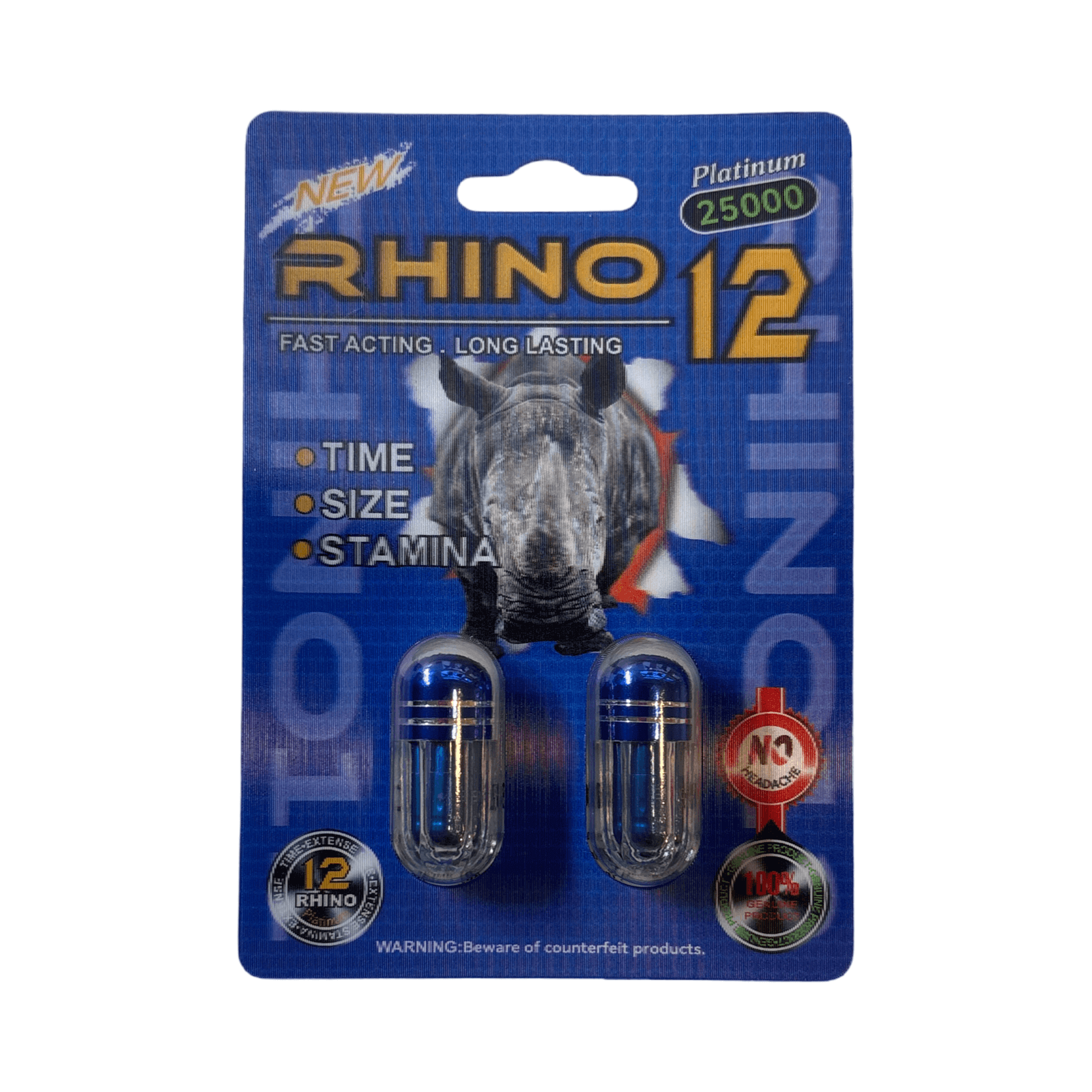 Rhino 12 Platinum 25000 Male Enhancement Pills packaging featuring fast-acting formula for size, stamina, and duration.