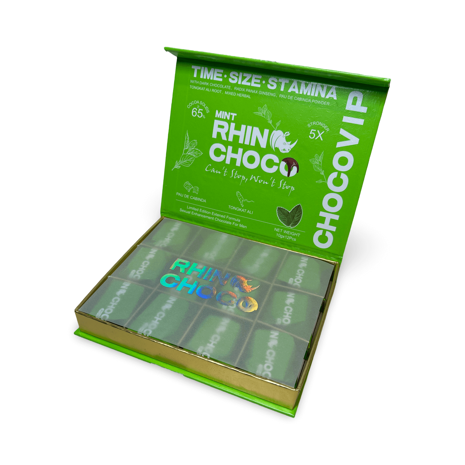 Mint Rhino Choco VIP chocolate display box highlighting pleasure enhancement and stamina for men.