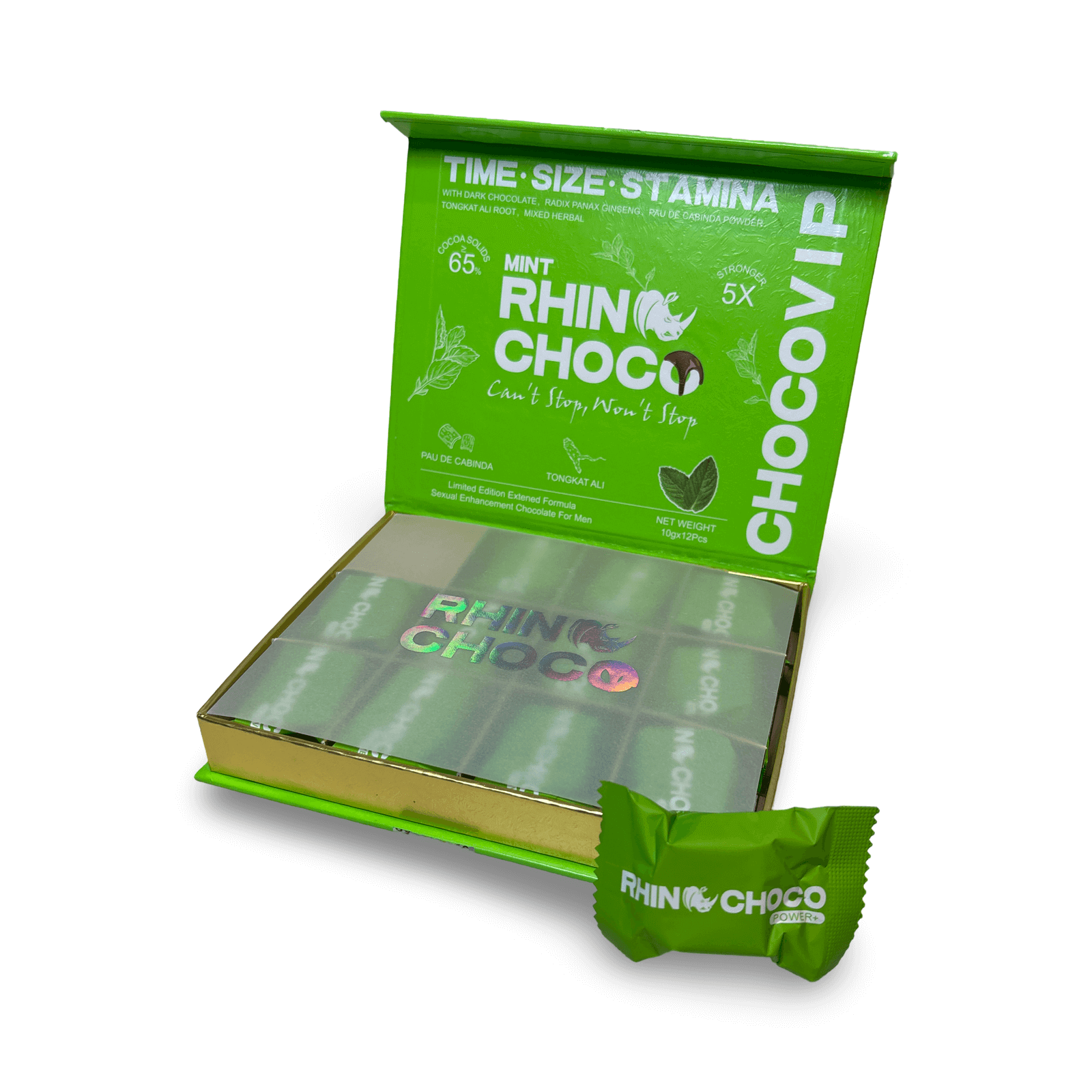 Rhino Choco VIP Mint Chocolate display box with 12 pieces, designed to enhance pleasure and performance for men.