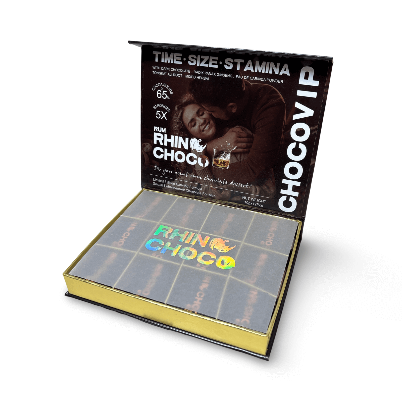 Rhino Rum Chocolate VIP box showcasing 12 dark chocolate pieces with herbal enhancers for intimacy.