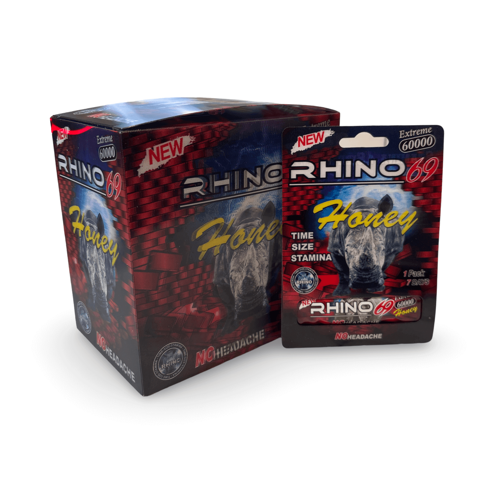 New Rhino 69 Extreme 60000 Honey display box and pack, enhancing sexual performance and stamina.