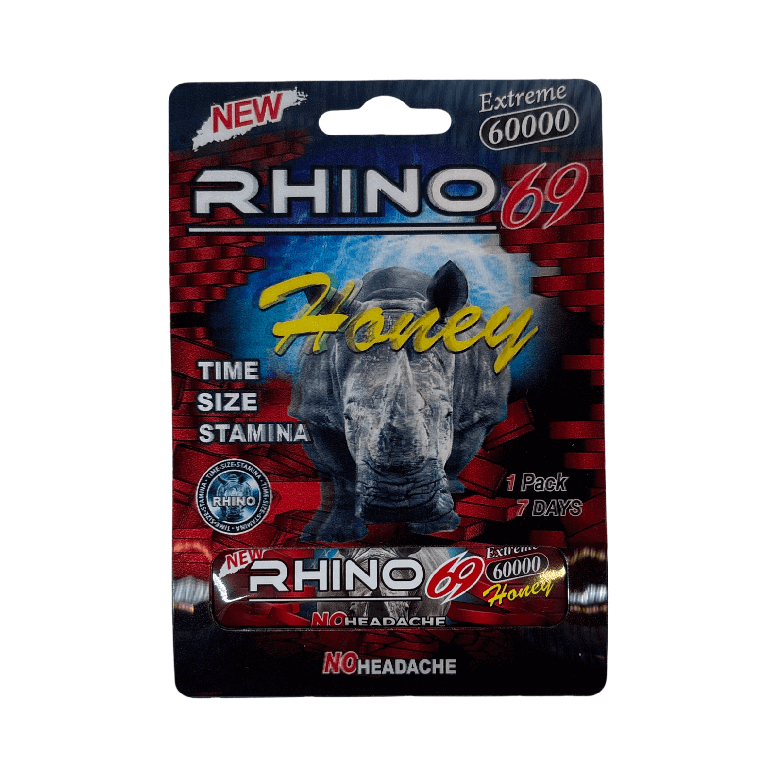 New Rhino 69 Extreme 60000 Honey supplement package promoting enhanced sexual performance and stamina.