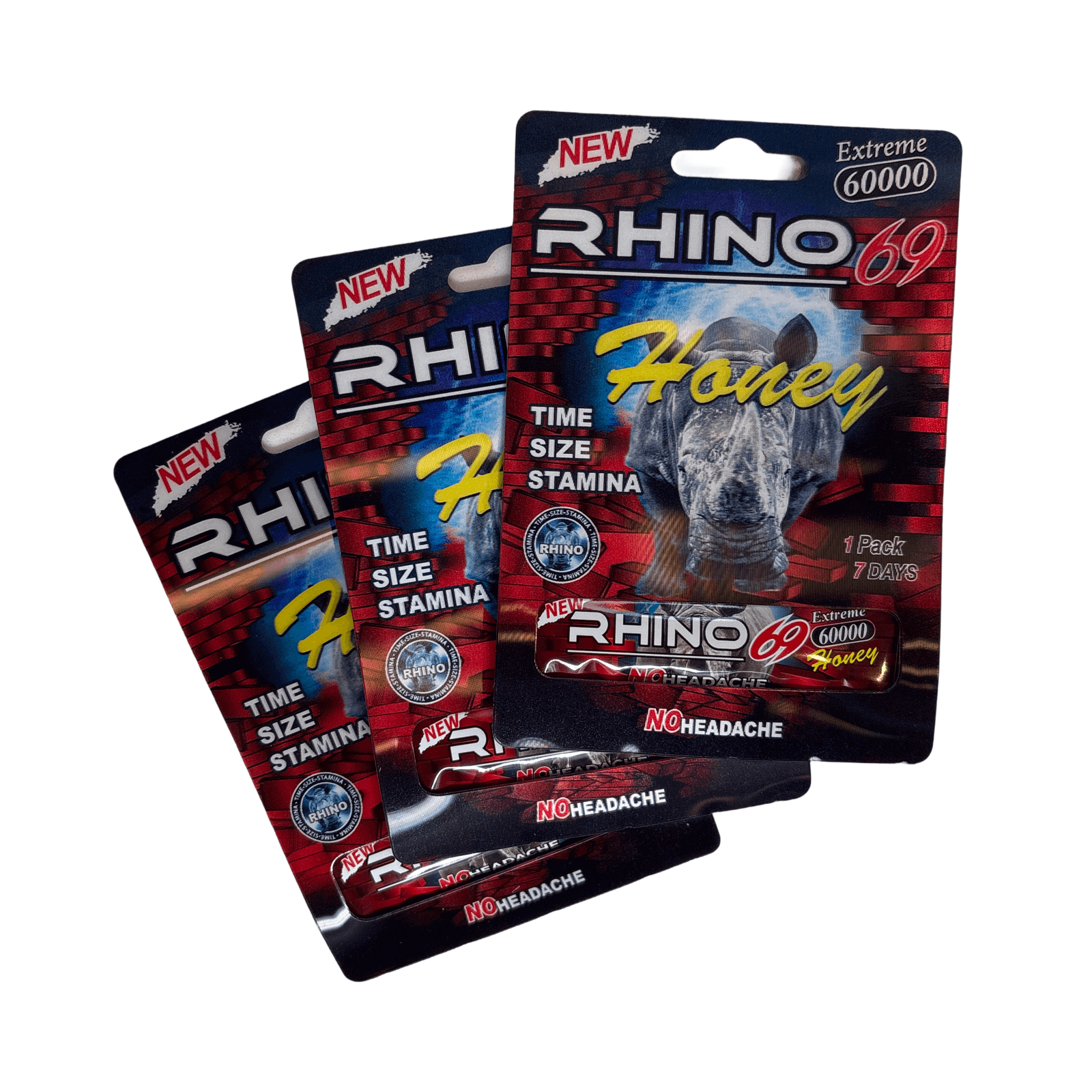 New Rhino 69 Extreme 60000 Honey supplement packets for enhanced sexual performance, size, and stamina.