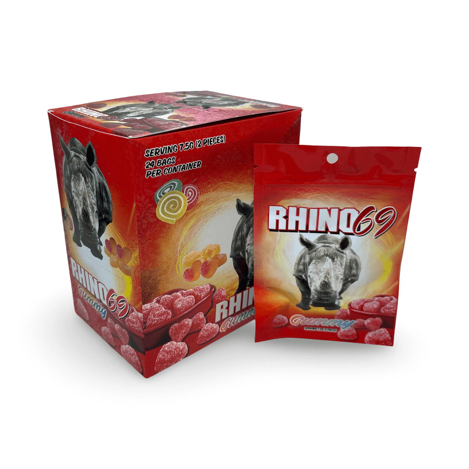 Rhino 69 Gummy Male Enhancement display box and bag, featuring fast-acting gummies for longer erections and improved stamina.