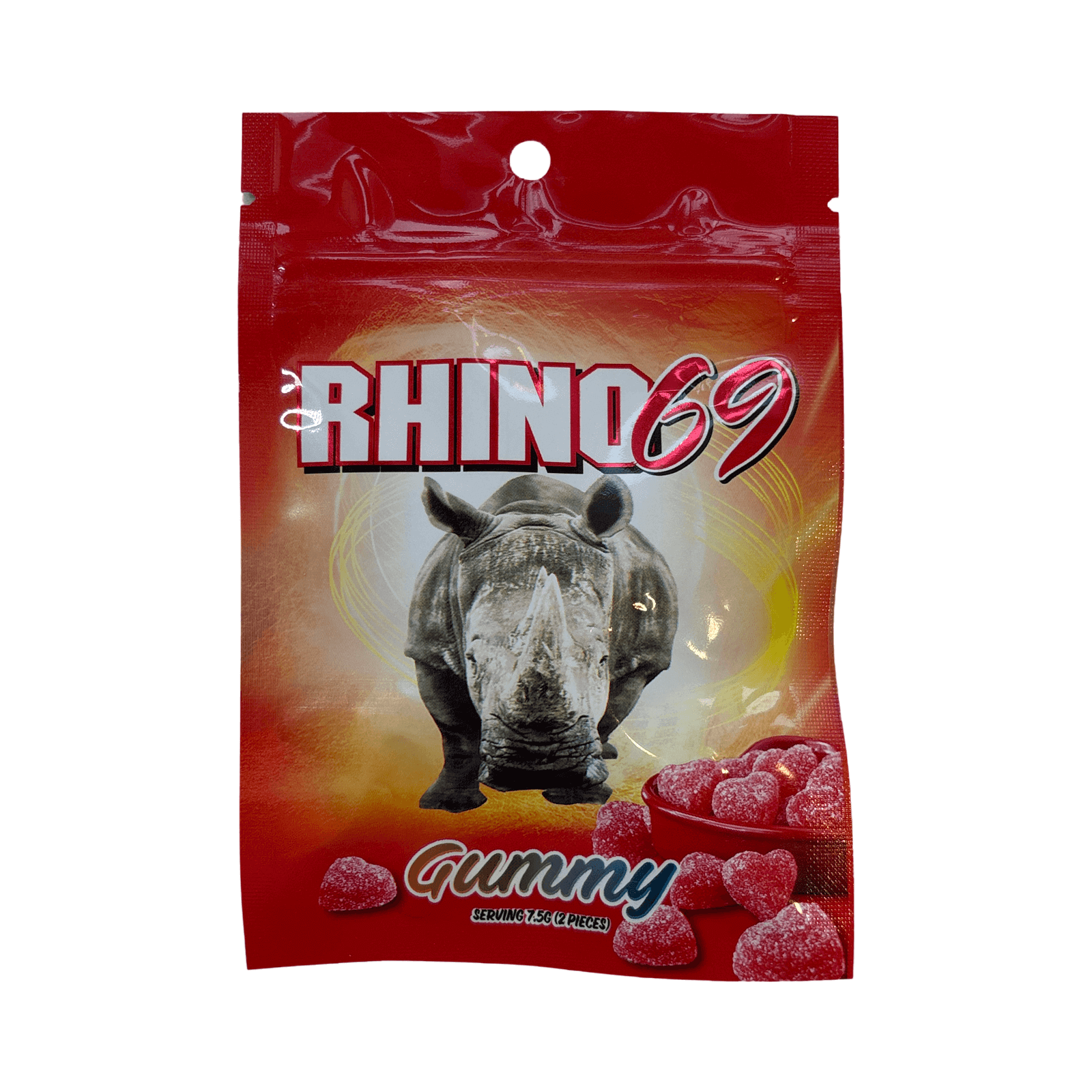 Rhino 69 Gummy Male Enhancement packaging featuring a rhinoceros and gummy candies for enhanced performance.