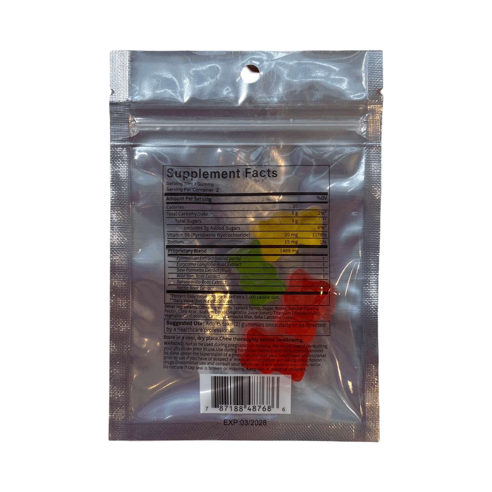 Supplement facts for Rhino 69 Gummy Male Enhancement with colorful gummies in a resealable pouch.