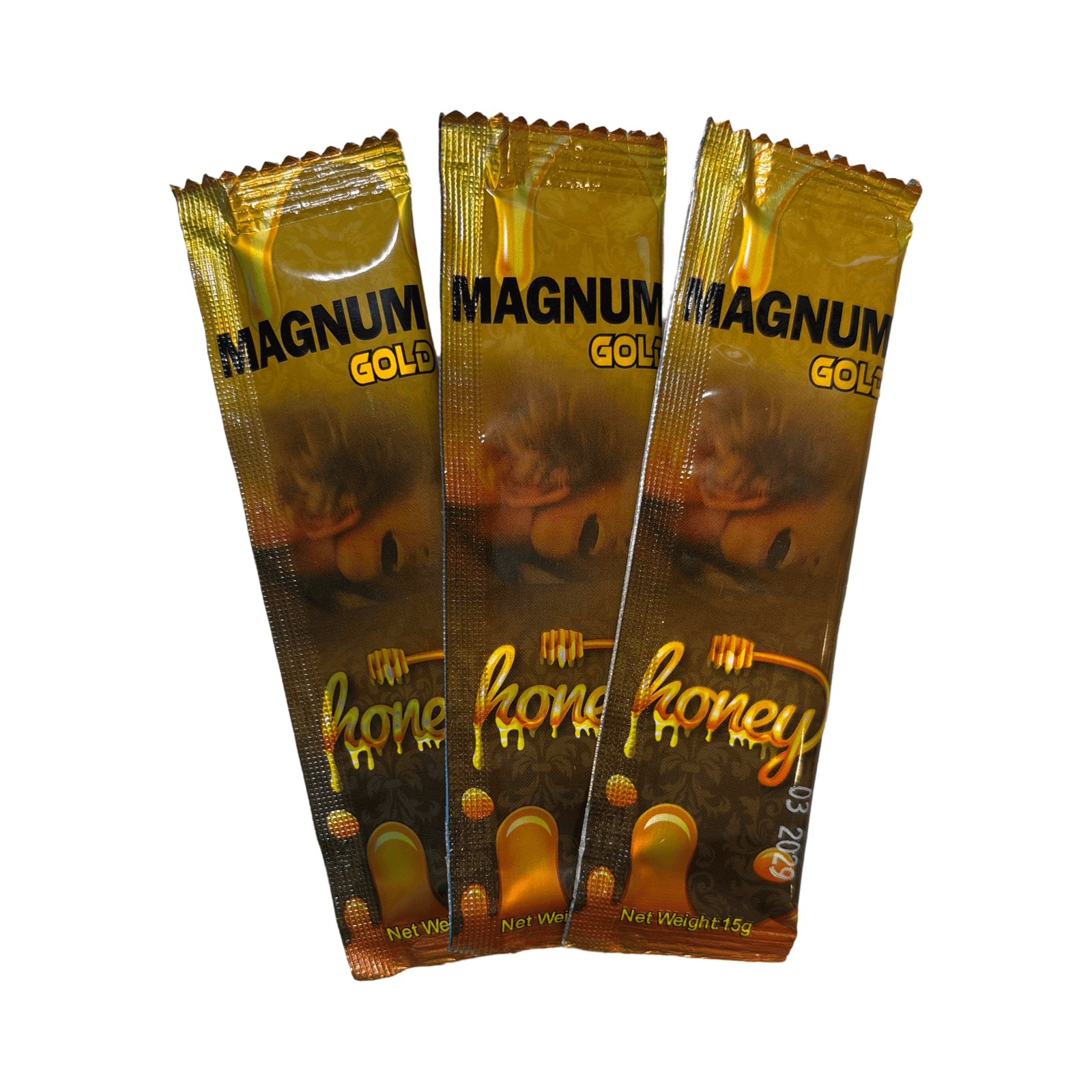 Three sachets of Magnum Gold Honey 15g Sexual Enhancement, designed for fast-acting and long-lasting performance.