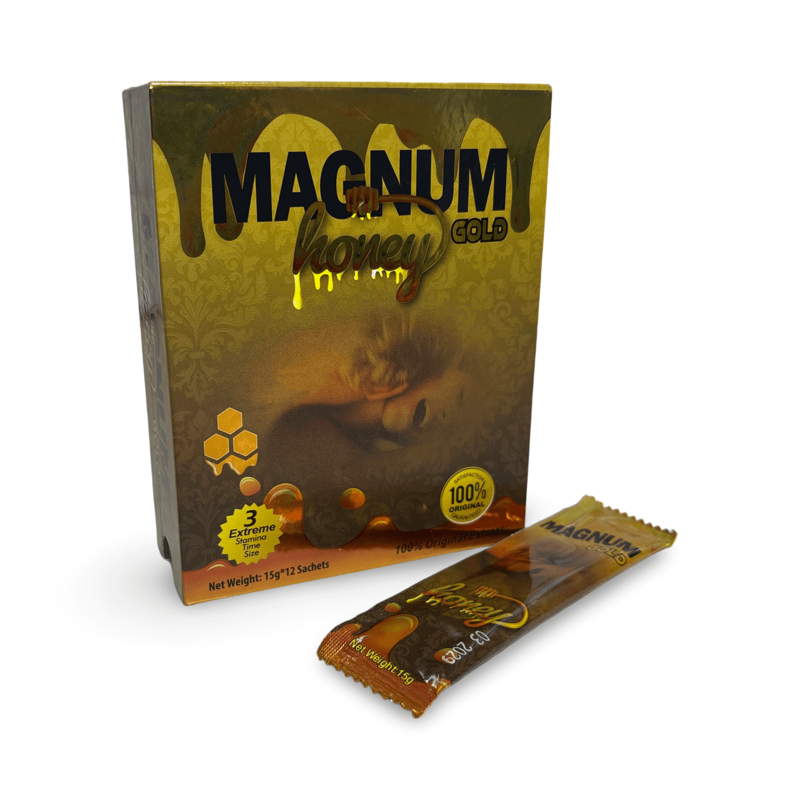 Magnum Gold Honey sexual enhancement box with sachet, 15g, 12 pcs, designed for fast-acting libido boost and lasting performance.