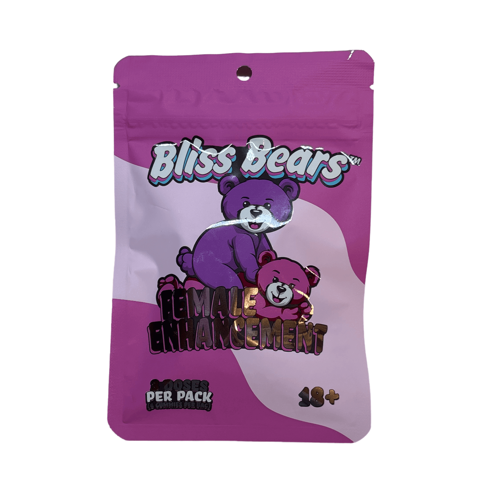 Bliss Bears Gummies for Women Pink packaging, featuring cute bears and "Female Enhancement" label, 6 gummies per pack.