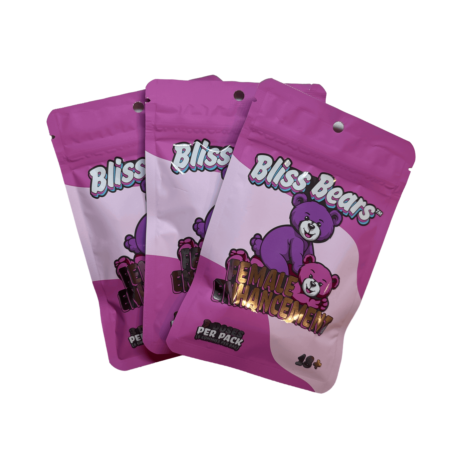 Three packs of Bliss Bears Gummies for Women Pink featuring female enhancement, vegan-friendly, and mood-boosting benefits.