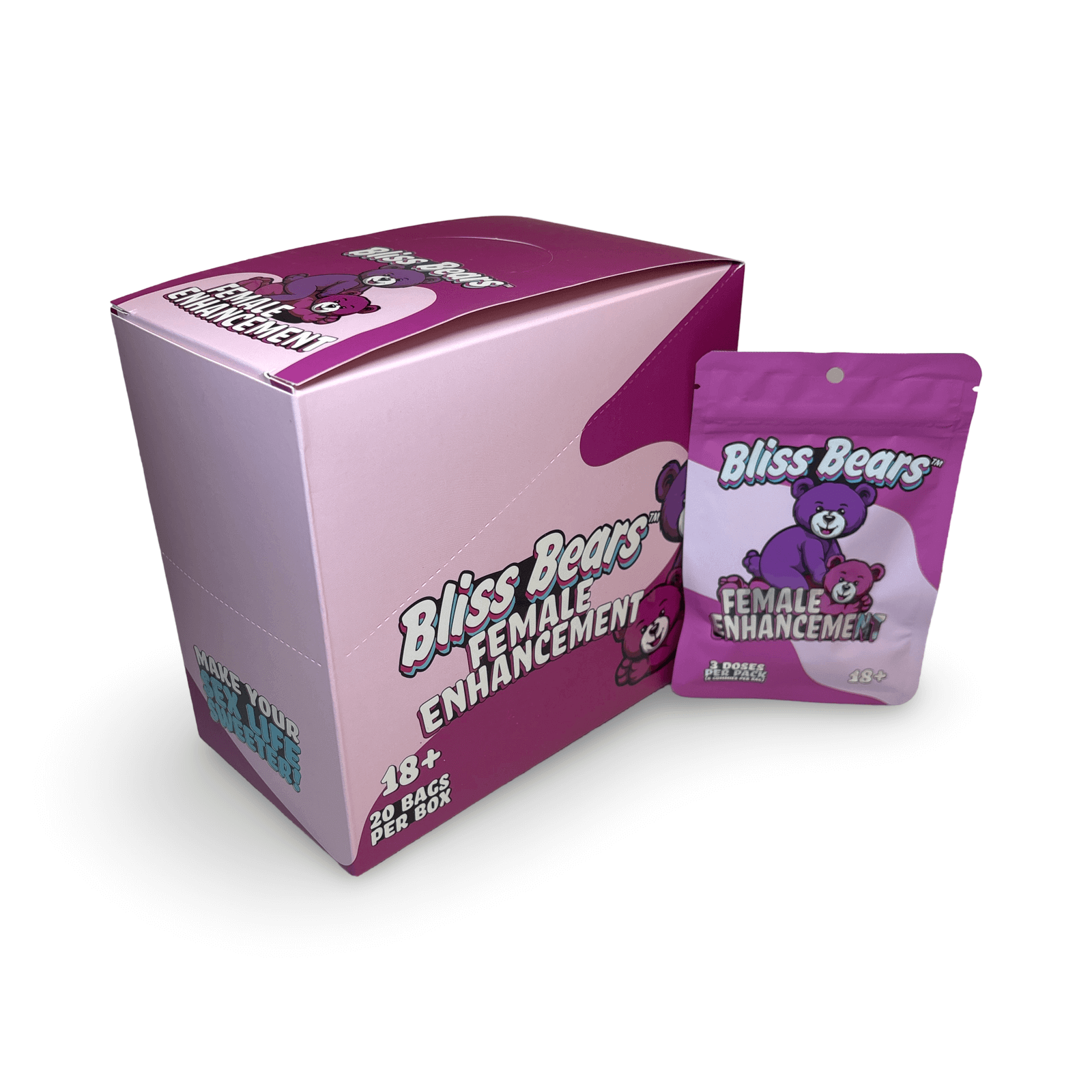 Bliss Bears Gummies for Women Pink display box with individual pack, promoting female enhancement and intimacy support.