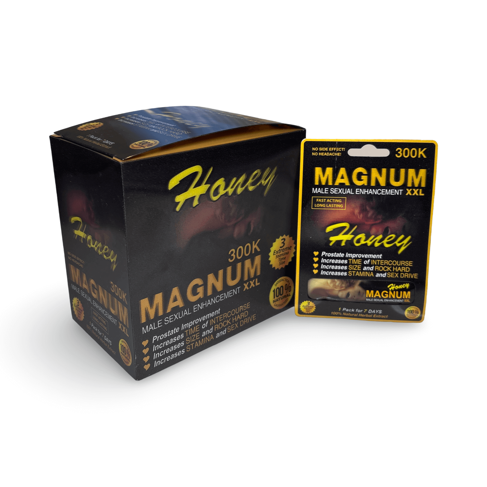 300K Magnum XXL Honey Male Enhancement 30 Packs display box for improved performance and erection strength.