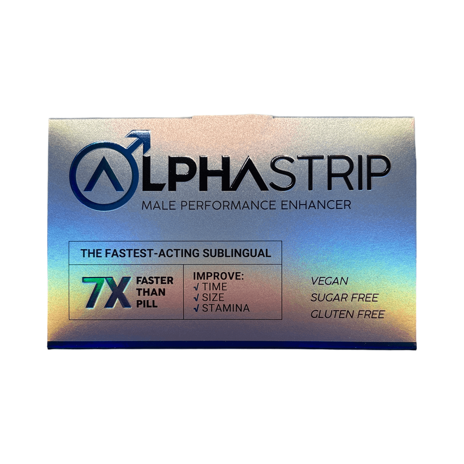 Alpha Strip 7X male performance enhancer packaging highlighting fast-acting sublingual formula, vegan, gluten-free, and sugar-free.