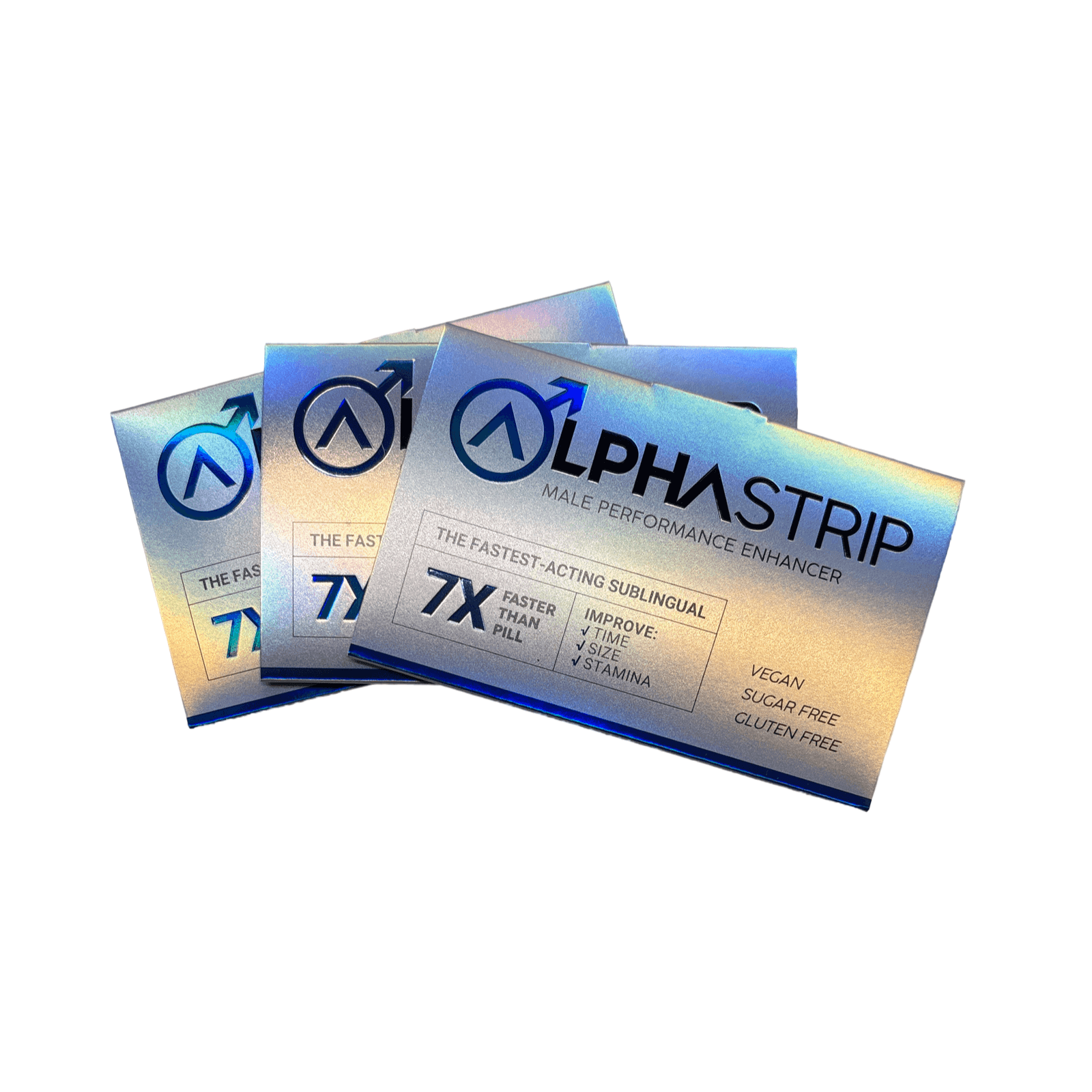 Alpha Strip 7X packaging - revolutionary sublingual male performance enhancer, fast-acting, vegan, sugar-free, gluten-free.