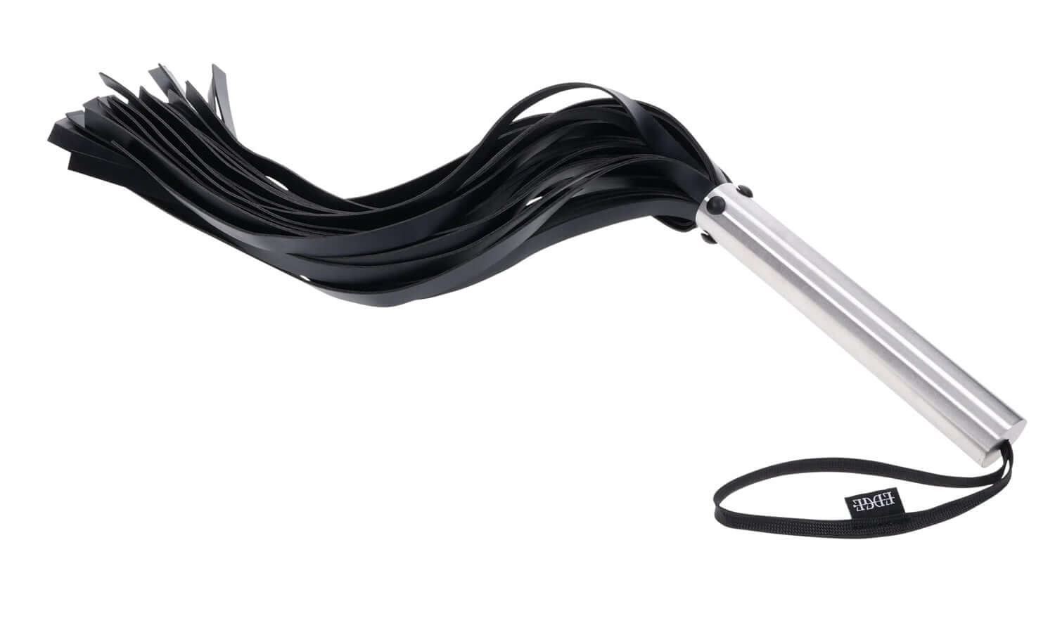 Edge Flogger in black faux leather with stainless steel handle, ideal for precision in impact play.