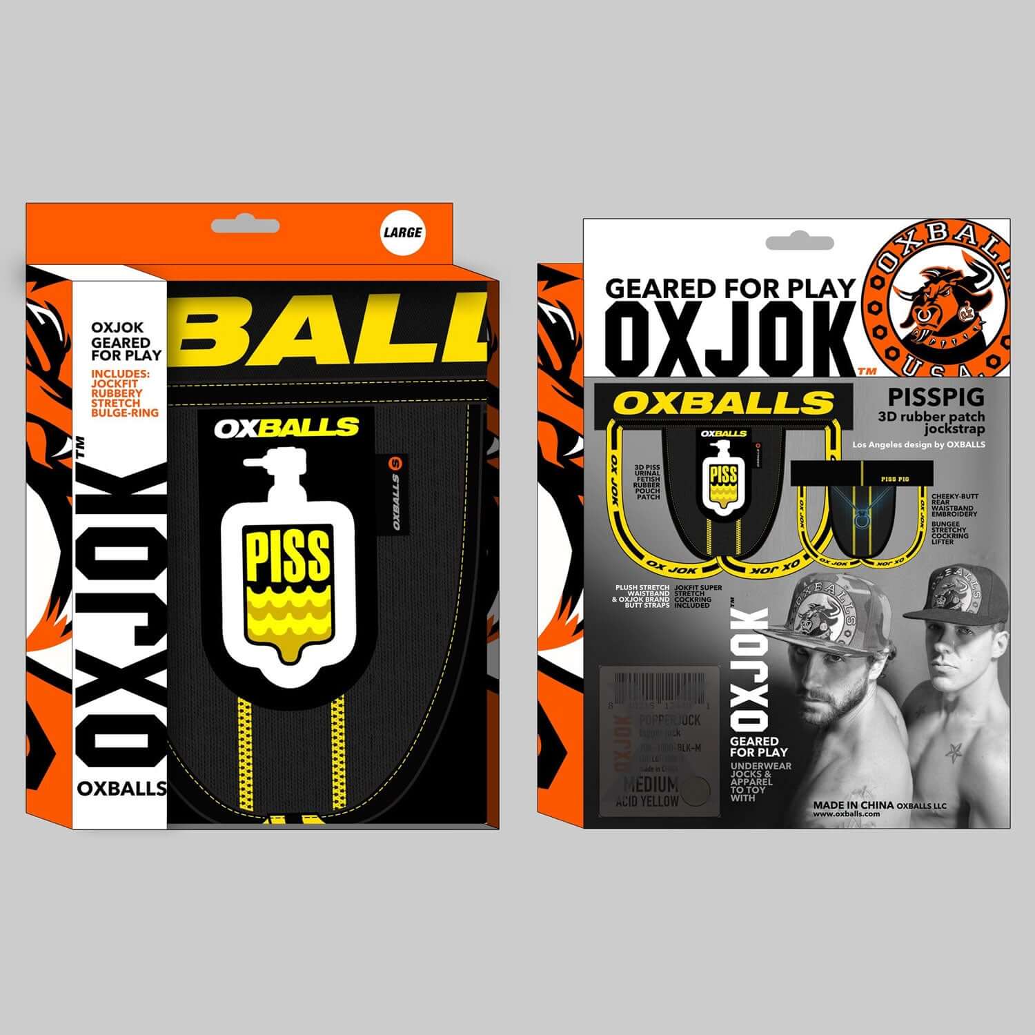 Oxjok Pisspig 3D Rubber Urinal Patch Pouch in black and yellow packaging featuring watersport fetish jockstrap by Oxball.