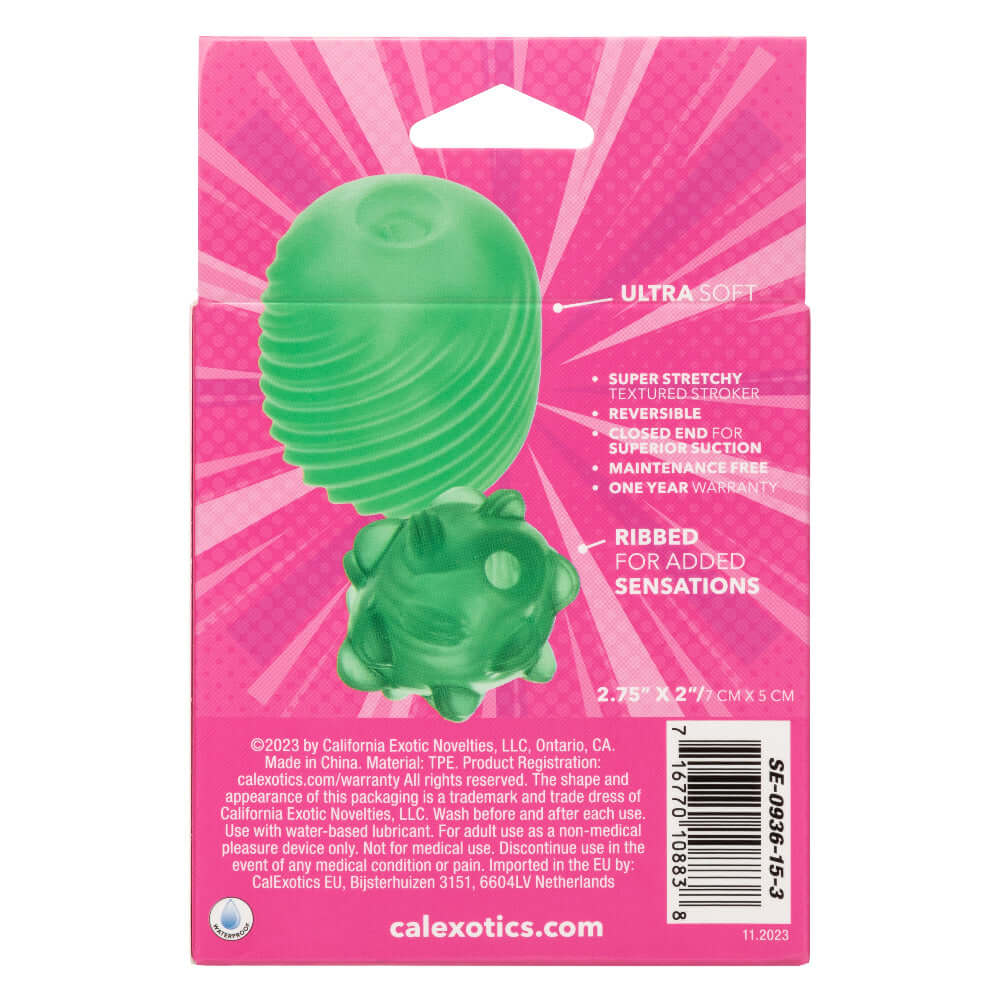 Green Pop Sock Textured Masturbation Sleeve in packaging with ultra-soft, stretchy material and ribbed for added sensations.