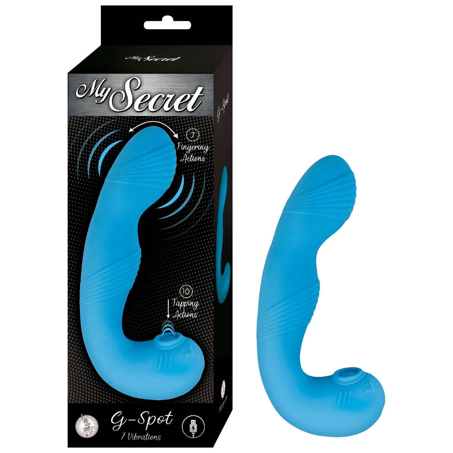 Blue My Secret G-Spot Massager with box, featuring 7 fingering functions and 10 tapping modes for ultimate pleasure.