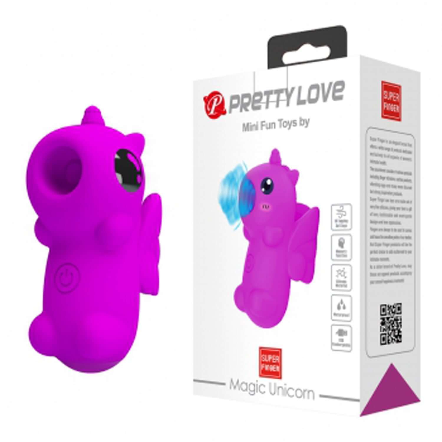 Pretty Love Magic Unicorn finger vibrator in purple with packaging, featuring 10 tapping functions and waterproof design.