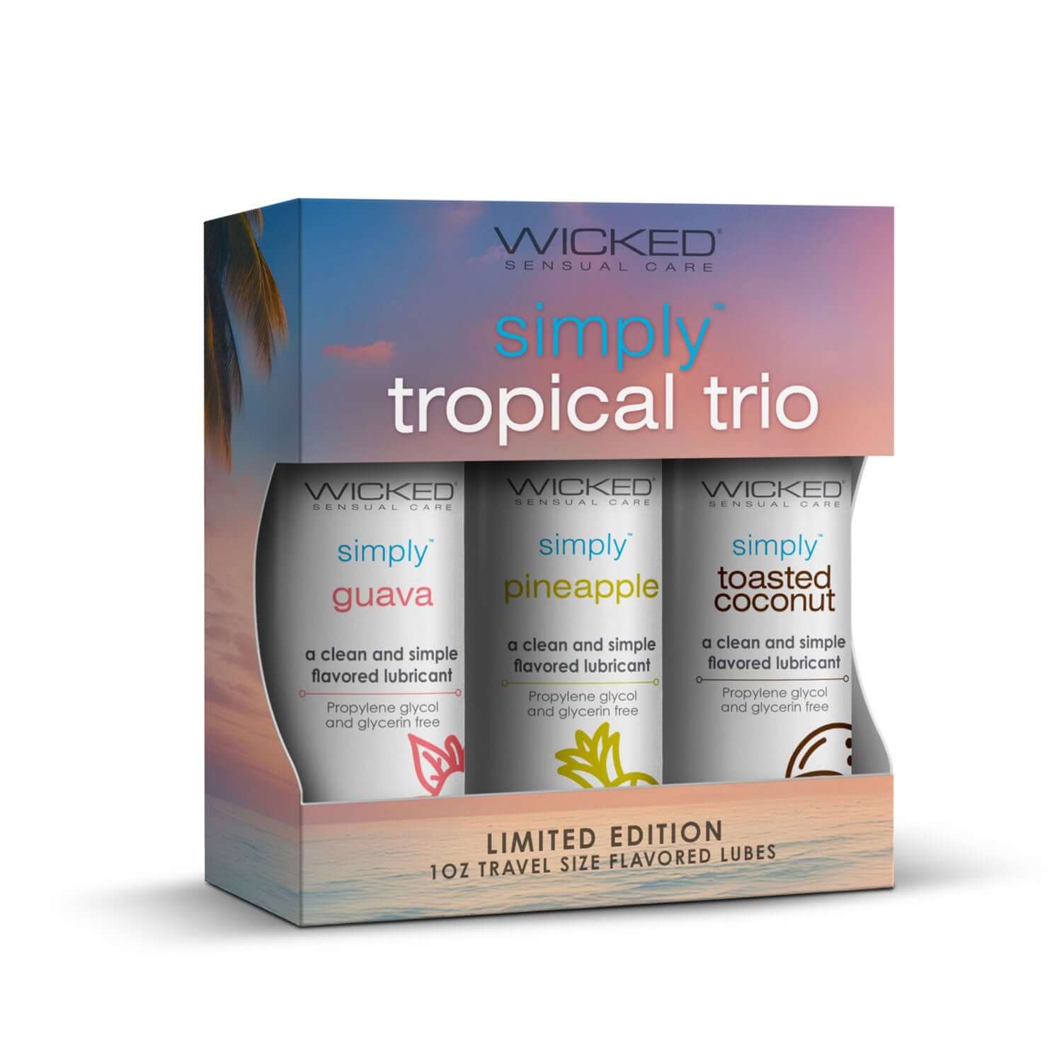 Wicked Simply Tropical Trio 1oz Travel Size Flavored Lubes in Guava, Pineapple, and Toasted Coconut flavors in packaging.