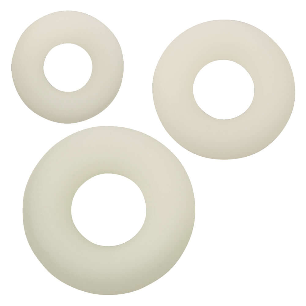 Alpha Glow-in-the-Dark Liquid Silicone 3 Ring Set - White, featuring three distinct silicone rings for enhanced pleasure and durability.